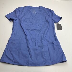 Jaanuu‎ Ceil Blue Scrub Top Womens Size Small Relaxed V-neck Pockets J96124 NEW